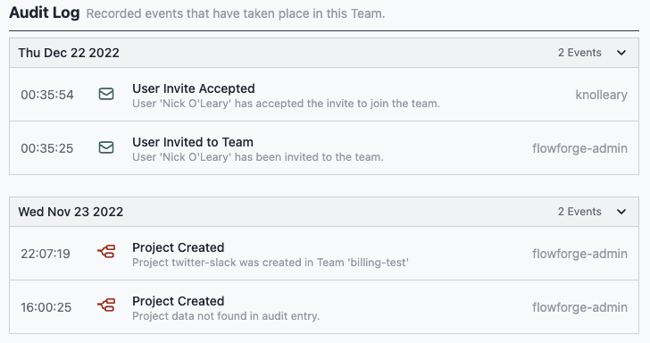 "An image of the new audit log interface of FlowFuse"