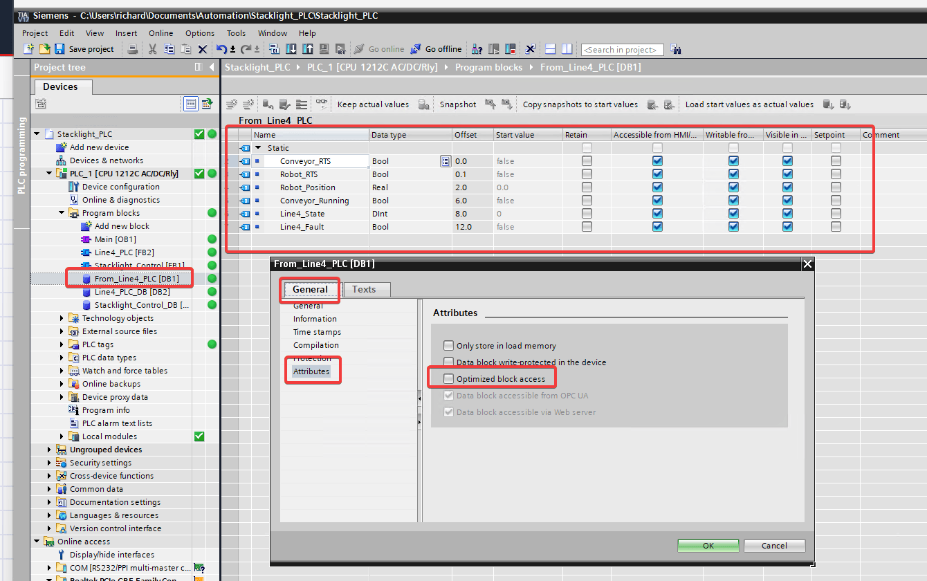 Screenshot showing the Siemens Tag DB Properties "Screenshot showing the Siemens Tag DB Properties"
