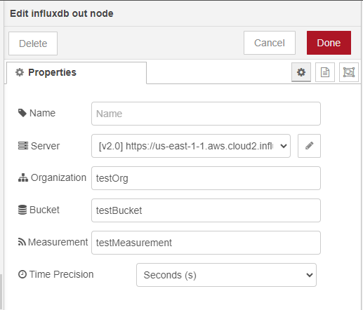 Screenshot showing the influxdb-out node config "Screenshot showing the influxdb-out node config"