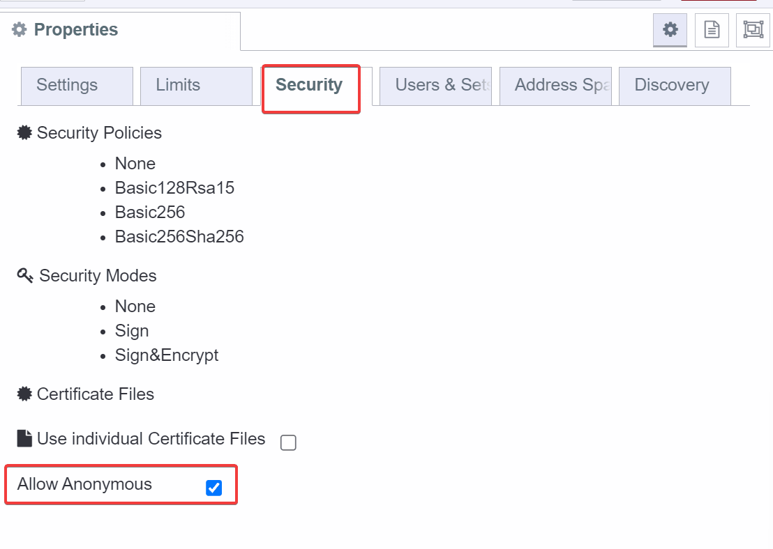 Screenshot showing the Security Tab of compact server node