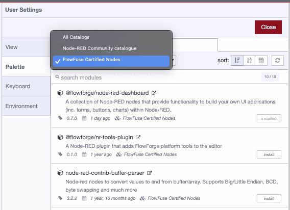 Node-RED palette manager