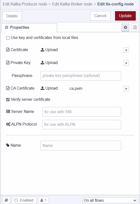 Configuring tls for kafka "Screenshot showing TLS configuration for kafka"