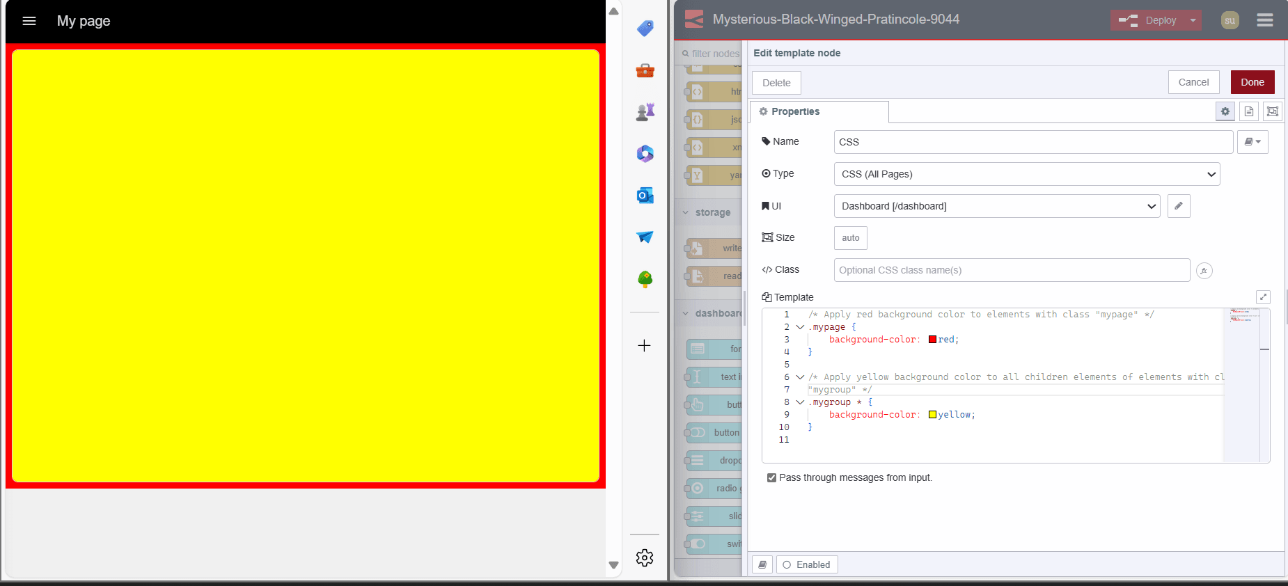 Image displaying the left side with the page and group where custom CSS has been applied, and the right side showcasing the UI-template with the corresponding CSS "Image displaying the left side with the page and group where custom CSS has been applied, and the right side showcasing the UI-template with the corresponding CSS"