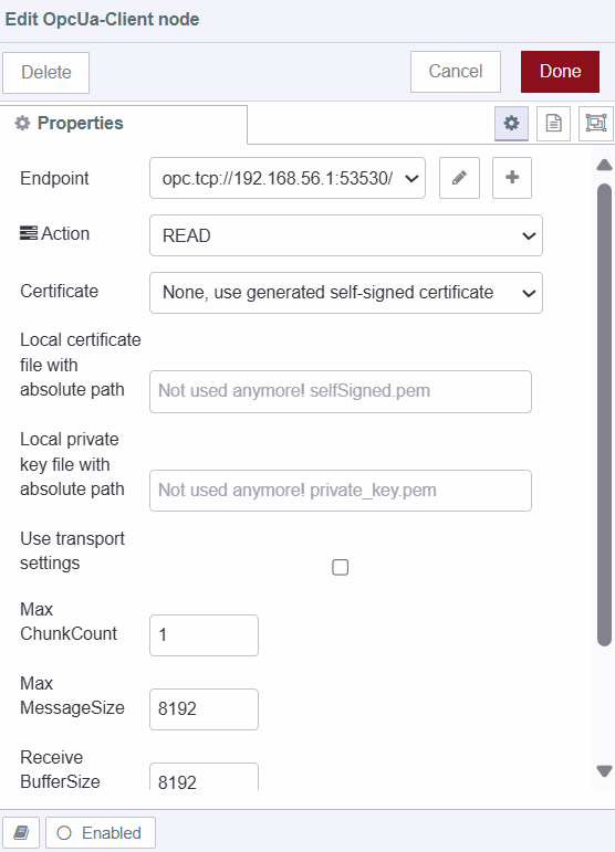 Configuring OpcUa-Client node to select the read operation