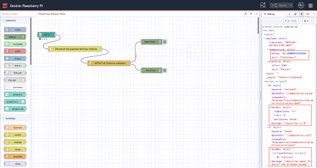 Message passes through the second output and includes errors when it does not align with the data schema.