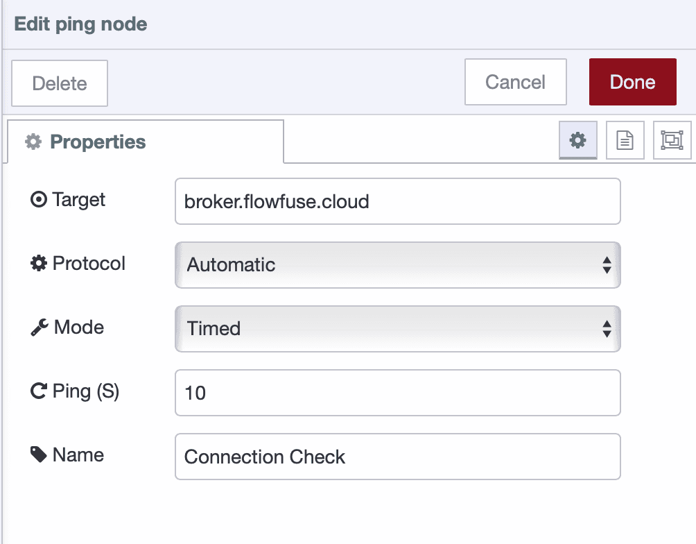 Ping node configured to monitor network connectivity every 30 seconds