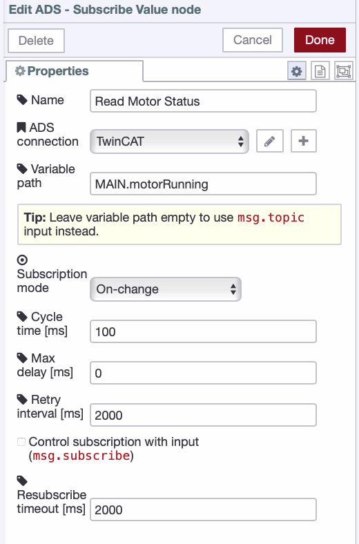 ADS Subscribe Value node configuration showing variable name, subscription mode set to On Change, and cycle time set to 100ms