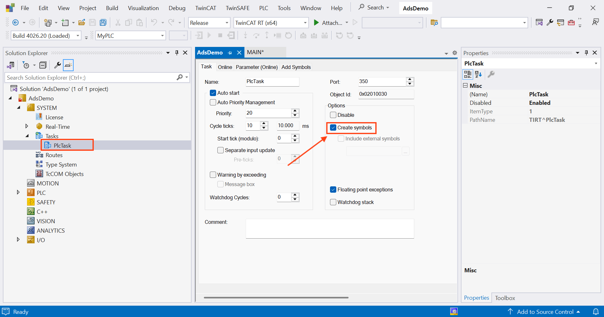 PlcTask properties window showing the Create symbols checkbox enabled