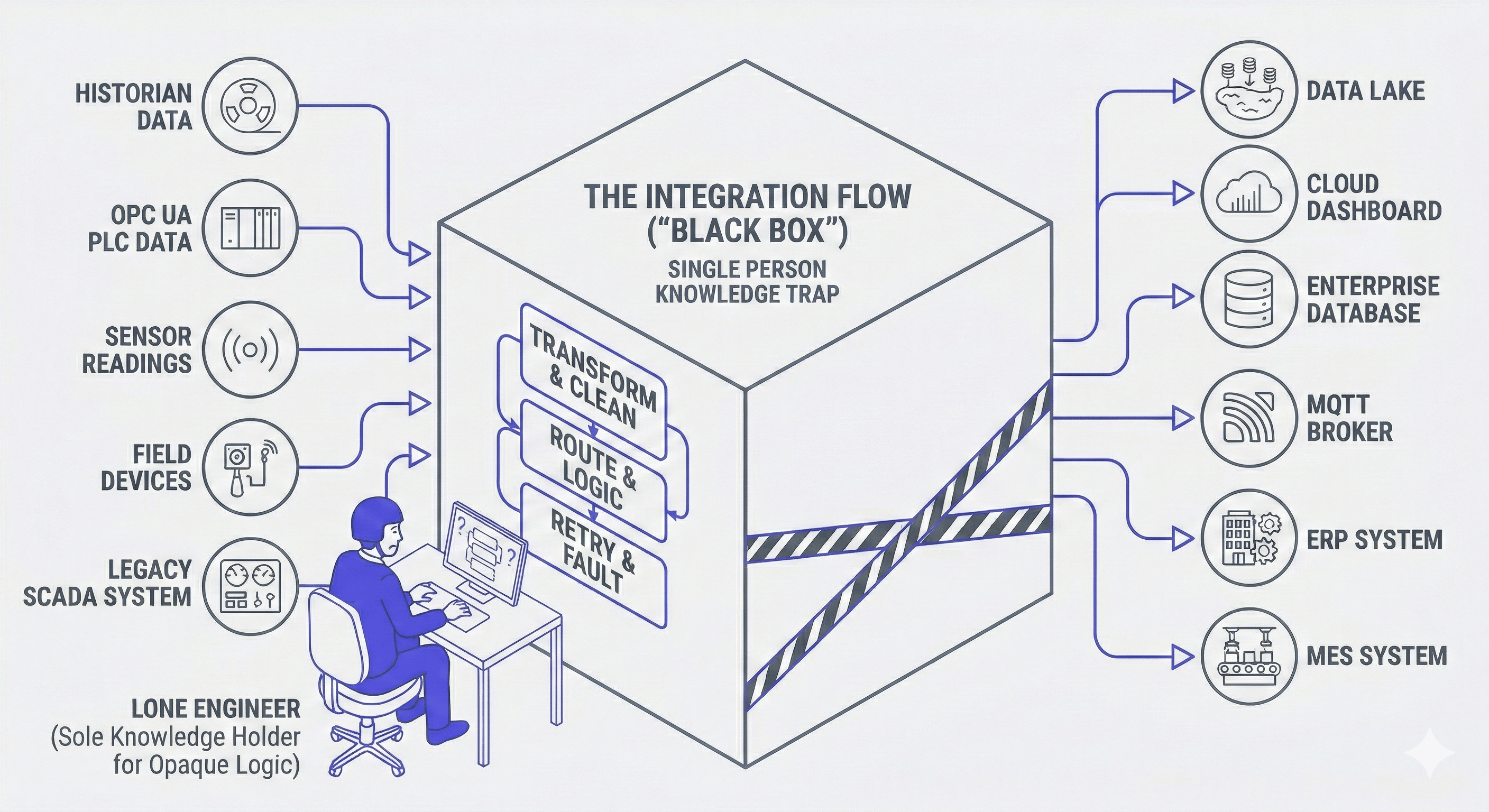 Illustration of an integration flow acting as a black box between PLCs, databases, and dashboards, highlighting that knowledge about the connections is concentrated in a single person. "Illustration of an integration flow acting as a black box between PLCs, databases, and dashboards, highlighting that knowledge about the connections is concentrated in a single person."