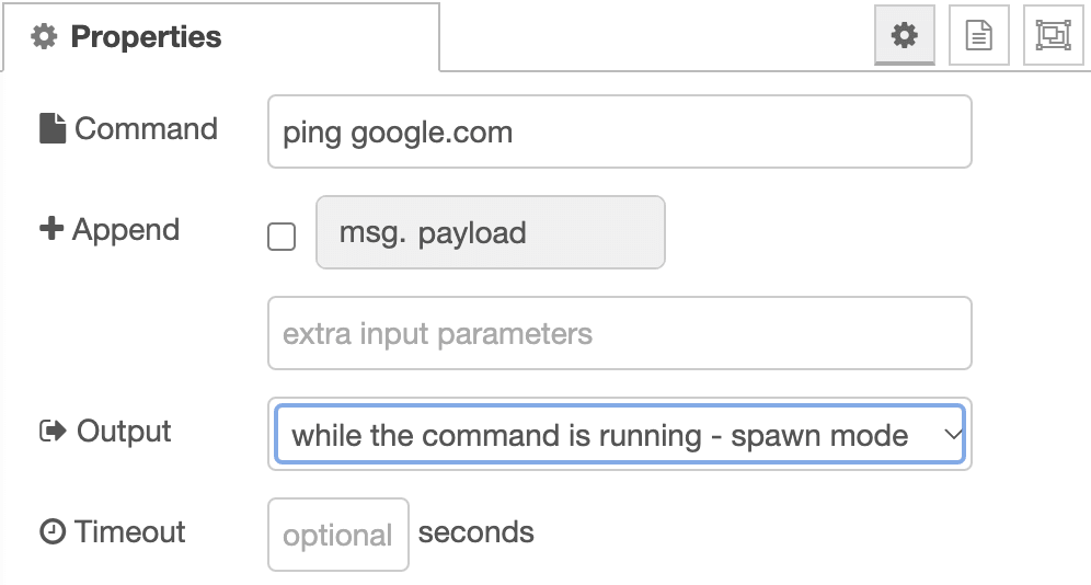 spawn mode for exec in Node-RED