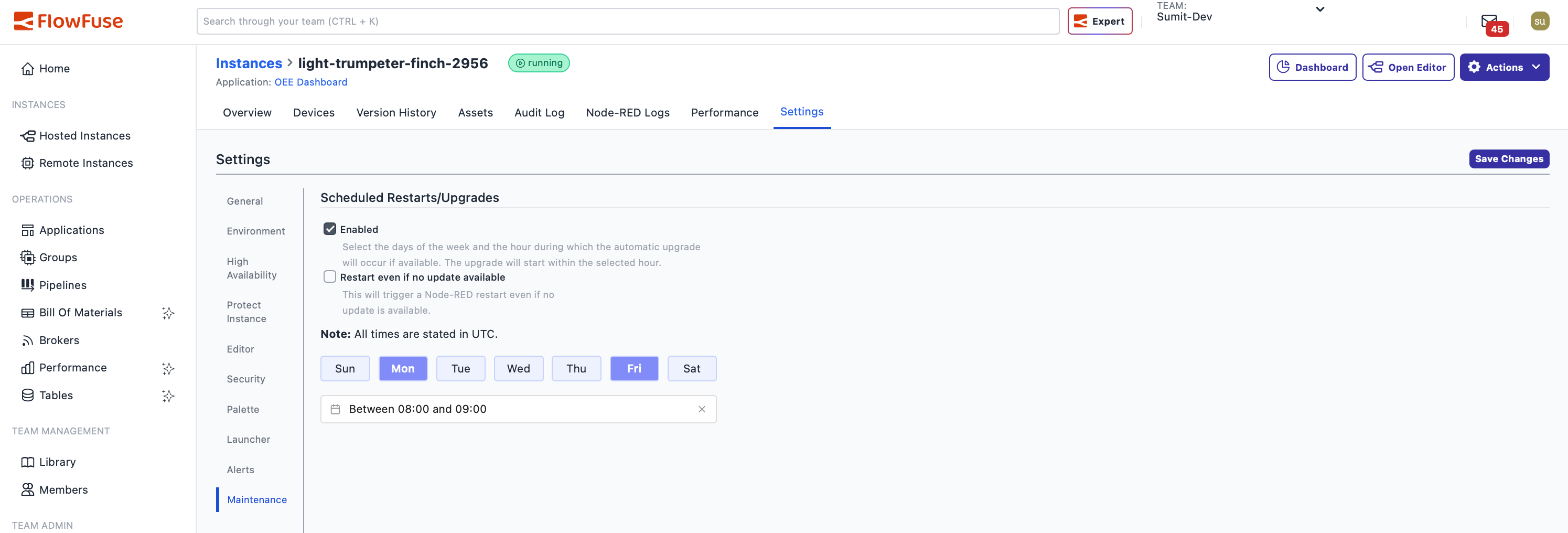 FlowFuse scheduled update configuration